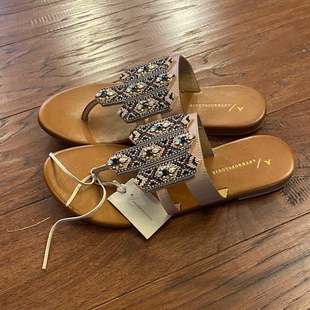NWT Anthropologie Womens Tan Beaded Sandals Size 7